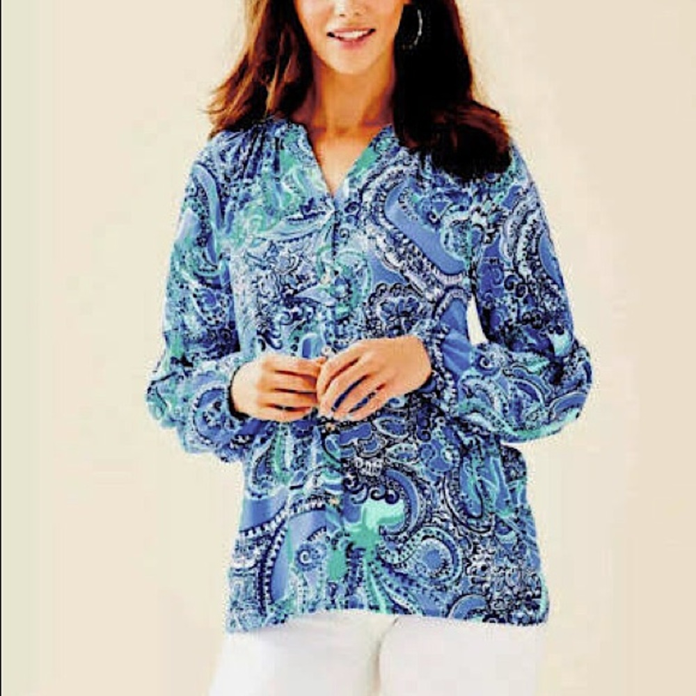 NWT Lilly Pulitzer Anela Silk Top, Coastal Blue, Size M